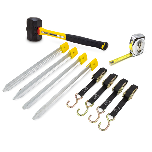 Hammer, measuring tape and wind anchor kit